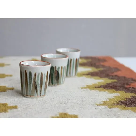 1970's Vintage Earthy Japanese Sake Shot Glasses Set of 3 ~ Ceramic Crackle - Picture 3 of 5